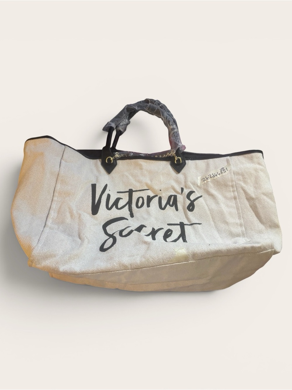 Victoria’s Secret Large White Canvas Tote Black Faux Leather Handles Gold Chain